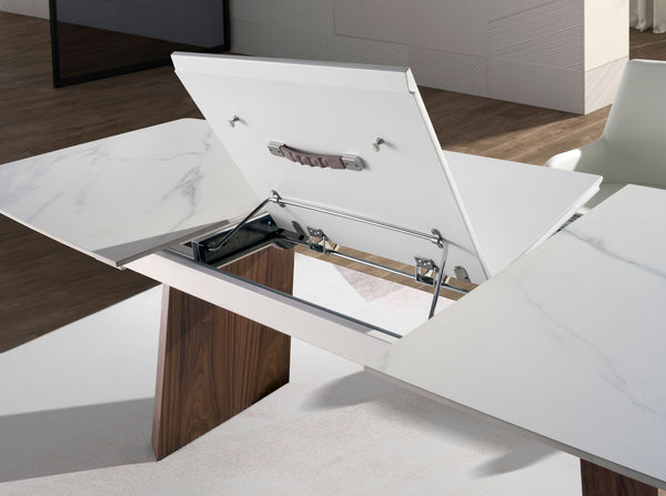 Extendable oval barrel dining table in porcelain marble and walnut
