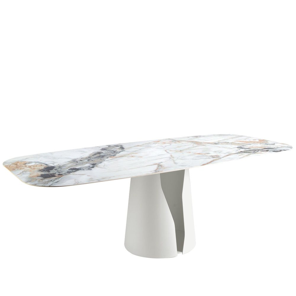 Oval barrel dining table in porcelain marble and white steel