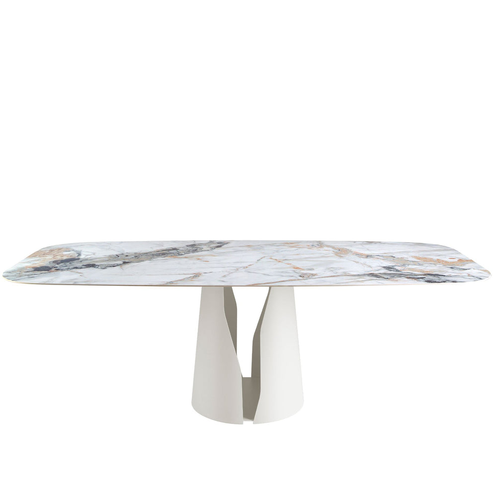Oval barrel dining table in porcelain marble and white steel