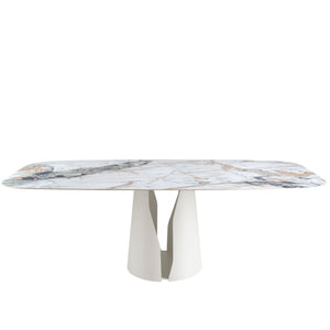 Oval barrel dining table in porcelain marble and white steel