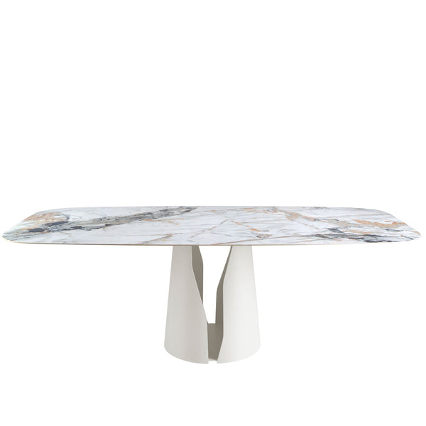 Oval barrel dining table in porcelain marble and white steel