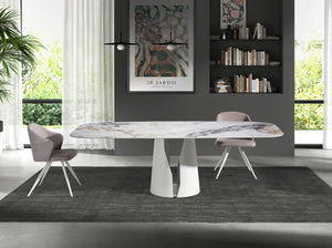 Oval barrel dining table in porcelain marble and white steel