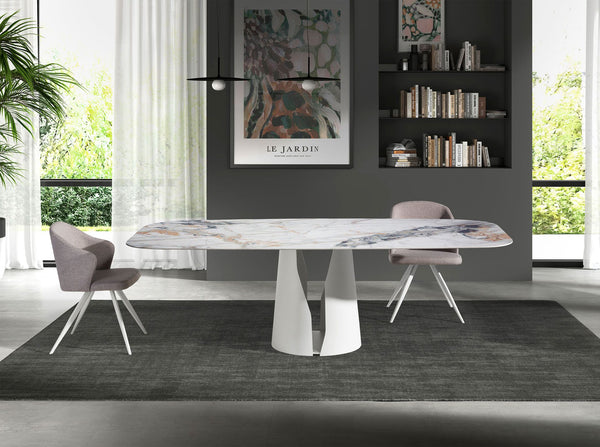 Oval barrel dining table in porcelain marble and white steel