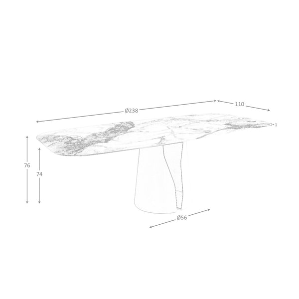 Oval barrel dining table in porcelain marble and white steel