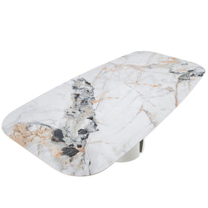 Oval barrel dining table in porcelain marble and white steel