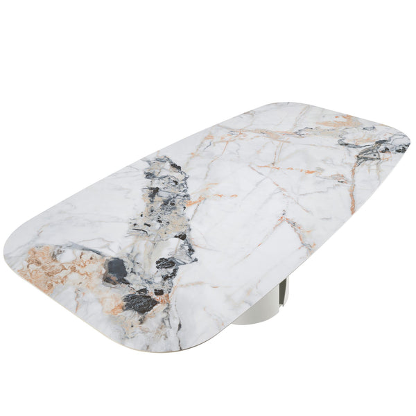 Oval barrel dining table in porcelain marble and white steel