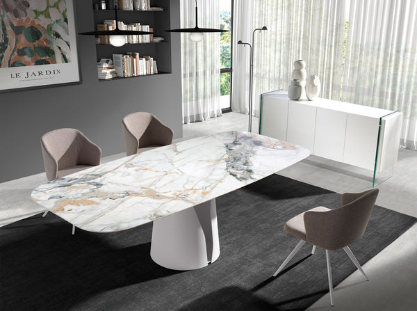 Oval barrel dining table in porcelain marble and white steel