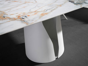 Oval barrel dining table in porcelain marble and white steel