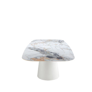 Oval barrel dining table in porcelain marble and white steel