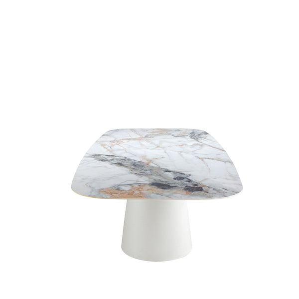 Oval barrel dining table in porcelain marble and white steel