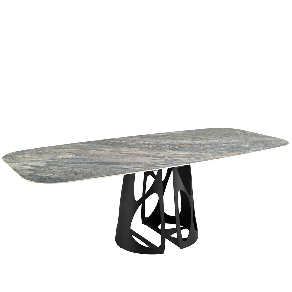 Oval barrel dining table in porcelain marble and black steel