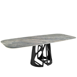 Oval barrel dining table in porcelain marble and black steel