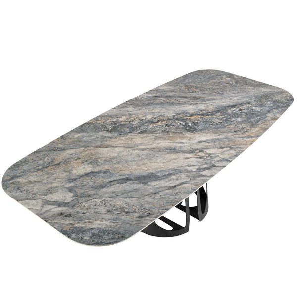 Oval barrel dining table in porcelain marble and black steel