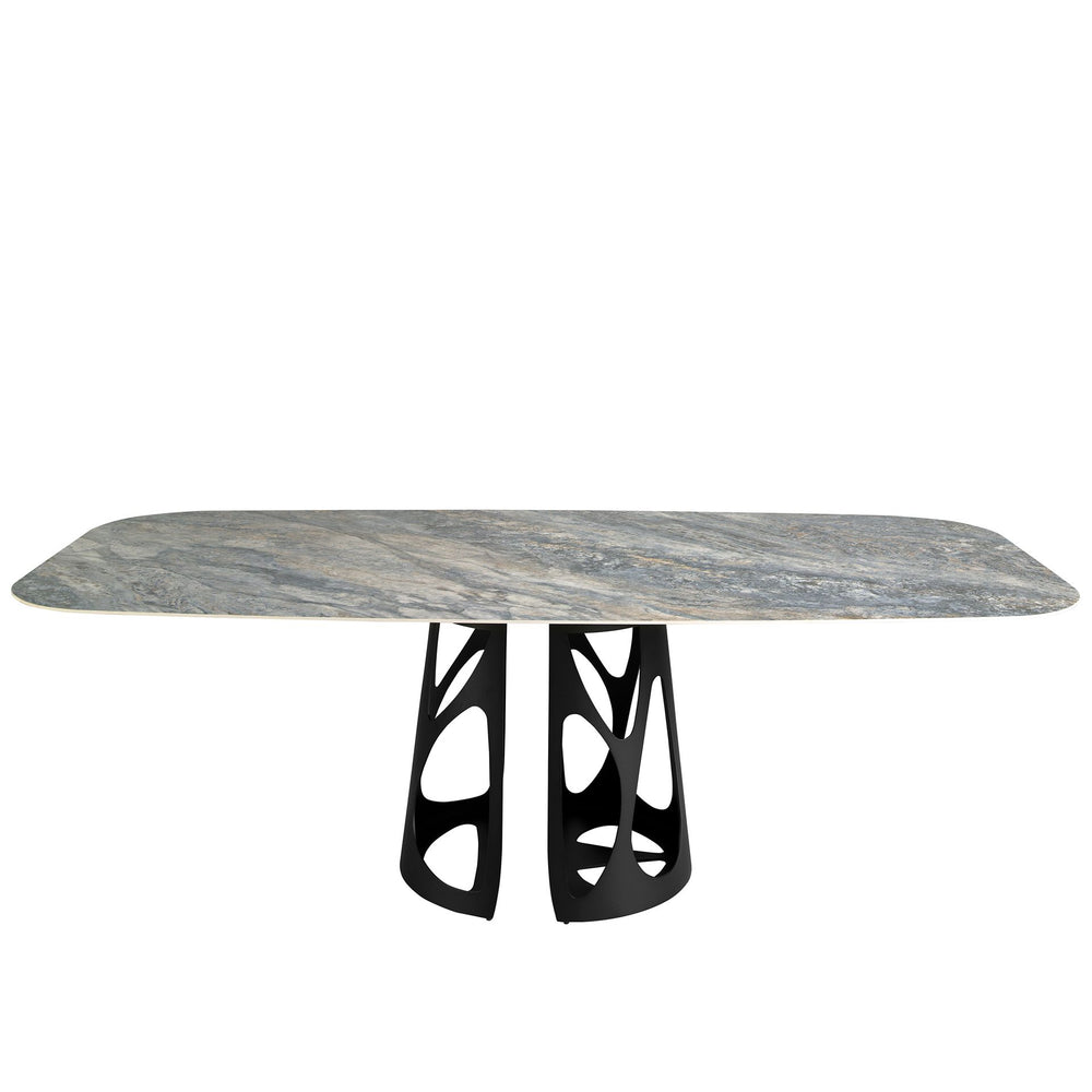 Oval barrel dining table in porcelain marble and black steel