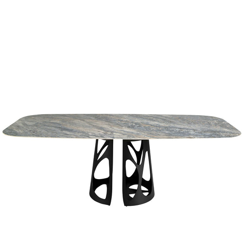 Oval barrel dining table in porcelain marble and black steel