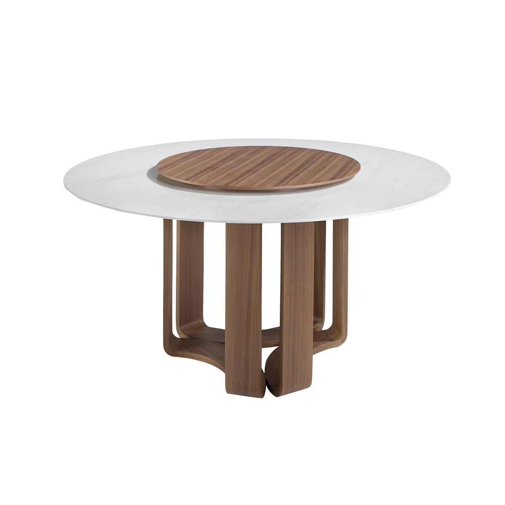 Round dining table in porcelain marble and walnut