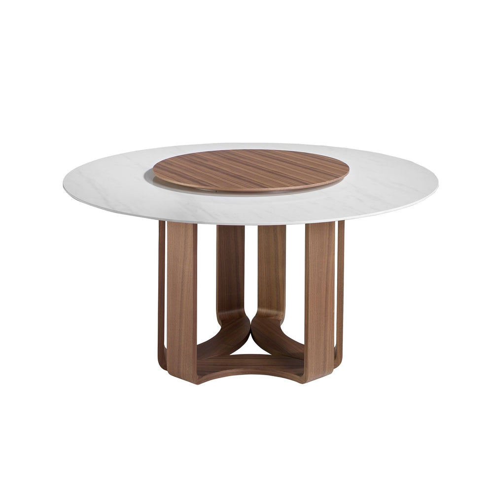 Round dining table in porcelain marble and walnut D150