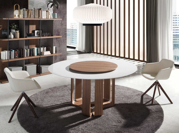 Round dining table in porcelain marble and walnut