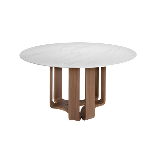 Round dining table in porcelain marble and walnut