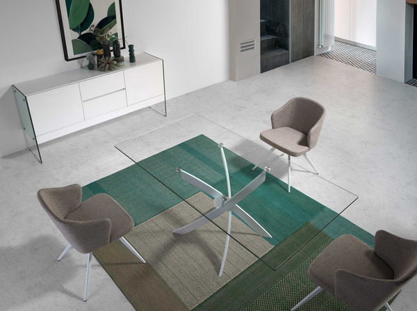 Rectangular dining table with tempered glass and white steel