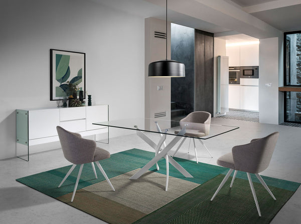 Rectangular dining table with tempered glass and white steel