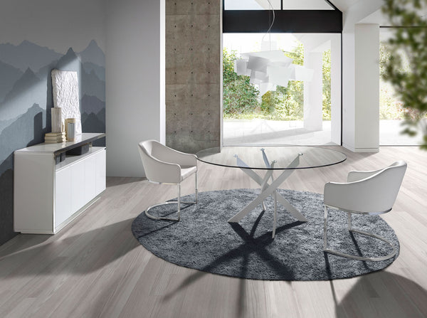 Round dining table with tempered glass and white steel