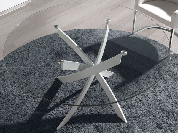Round dining table with tempered glass and white steel