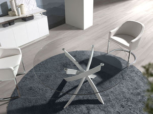 Round dining table with tempered glass and white steel
