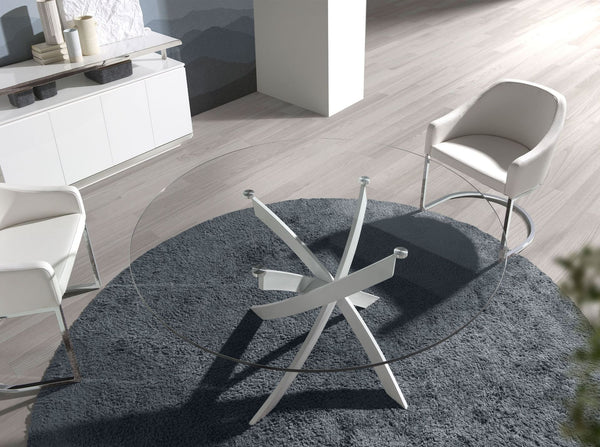 Round dining table with tempered glass and white steel