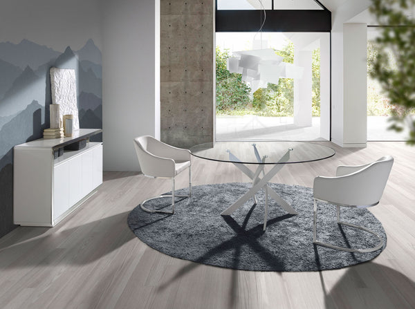 Round dining table with tempered glass and white steel
