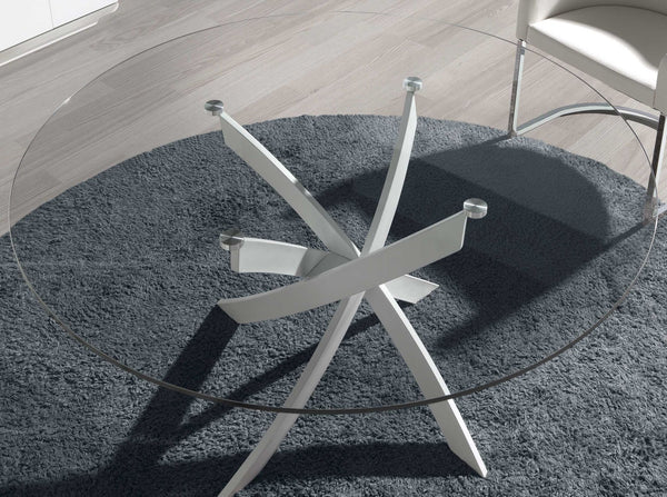 Round dining table with tempered glass and white steel