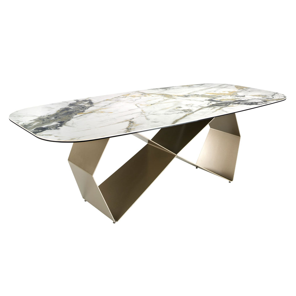 Rectangular dining table in porcelain marble and champagne-colored steel
