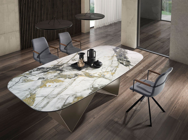 Rectangular dining table in porcelain marble and champagne-colored steel