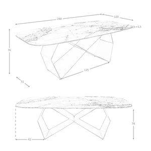 Rectangular dining table in porcelain marble and champagne-colored steel