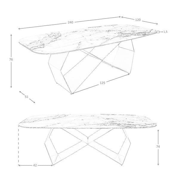 Rectangular dining table in porcelain marble and champagne-colored steel