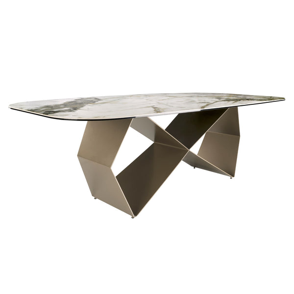 Rectangular dining table in porcelain marble and champagne-colored steel
