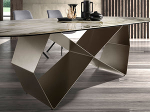 Rectangular dining table in porcelain marble and champagne-colored steel