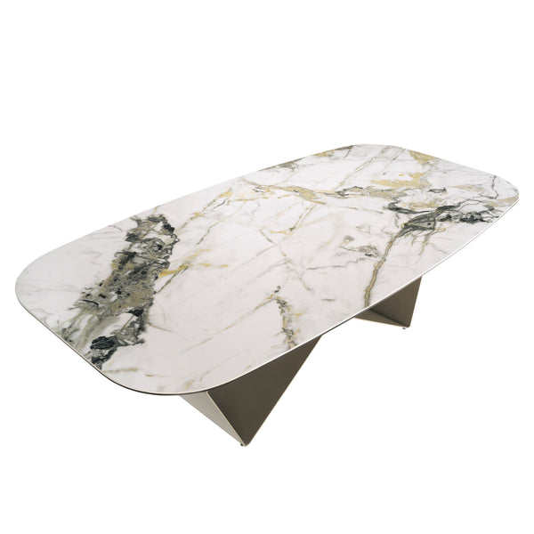Rectangular dining table in porcelain marble and champagne-colored steel