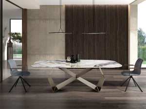 Rectangular dining table in porcelain marble and champagne-colored steel