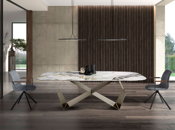 Rectangular dining table in porcelain marble and champagne-colored steel