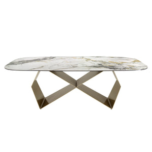 Rectangular dining table in porcelain marble and champagne-colored steel