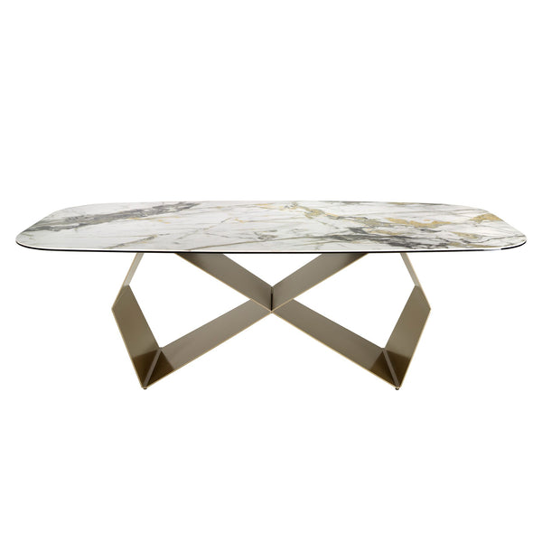 Rectangular dining table in porcelain marble and champagne-colored steel