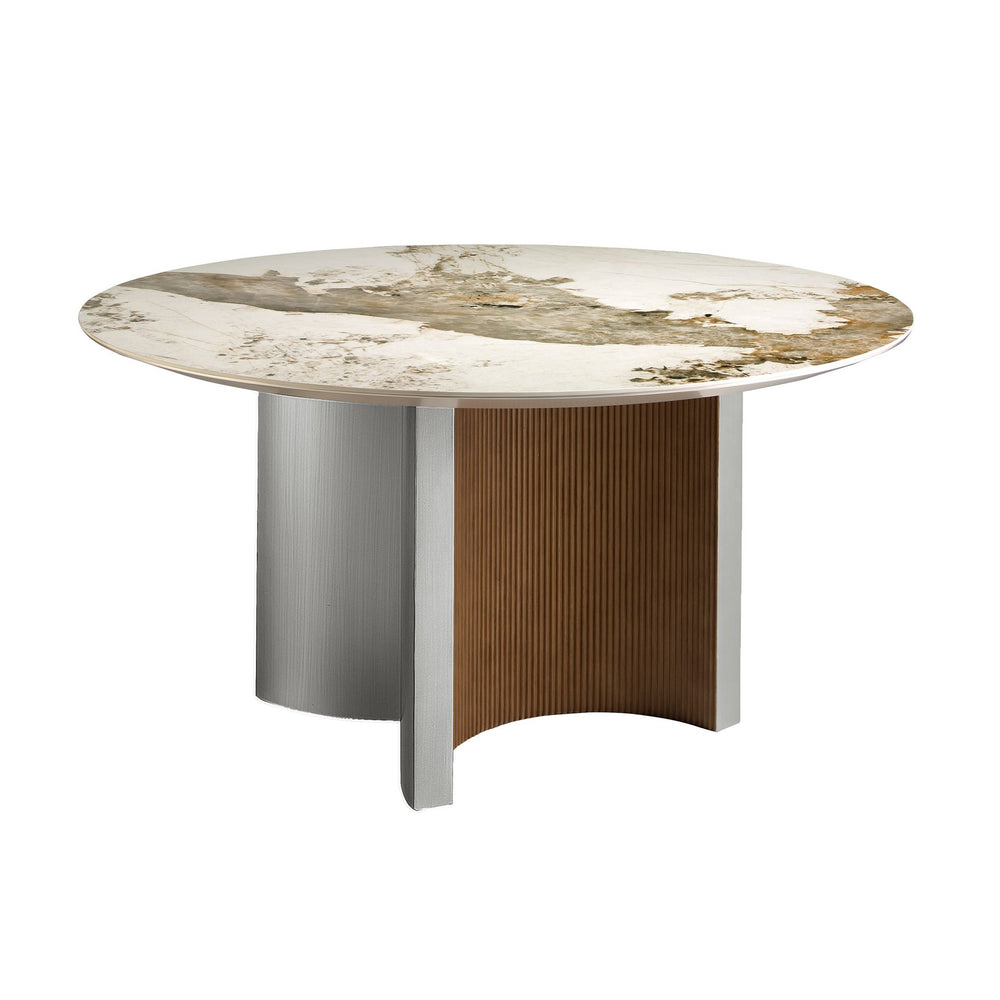 Round dining table in porcelain marble, walnut and silver wood