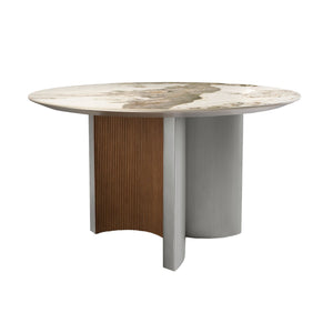 Round dining table in porcelain marble, walnut and silver wood