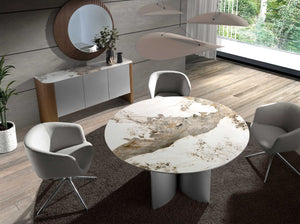 Round dining table in porcelain marble, walnut and silver wood