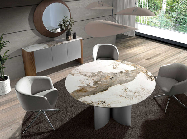 Round dining table in porcelain marble, walnut and silver wood
