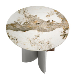 Round dining table in porcelain marble, walnut and silver wood