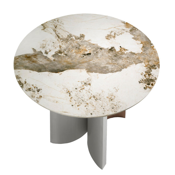 Round dining table in porcelain marble, walnut and silver wood