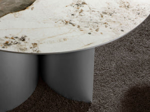 Round dining table in porcelain marble, walnut and silver wood