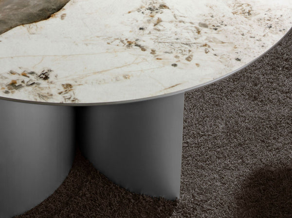Round dining table in porcelain marble, walnut and silver wood